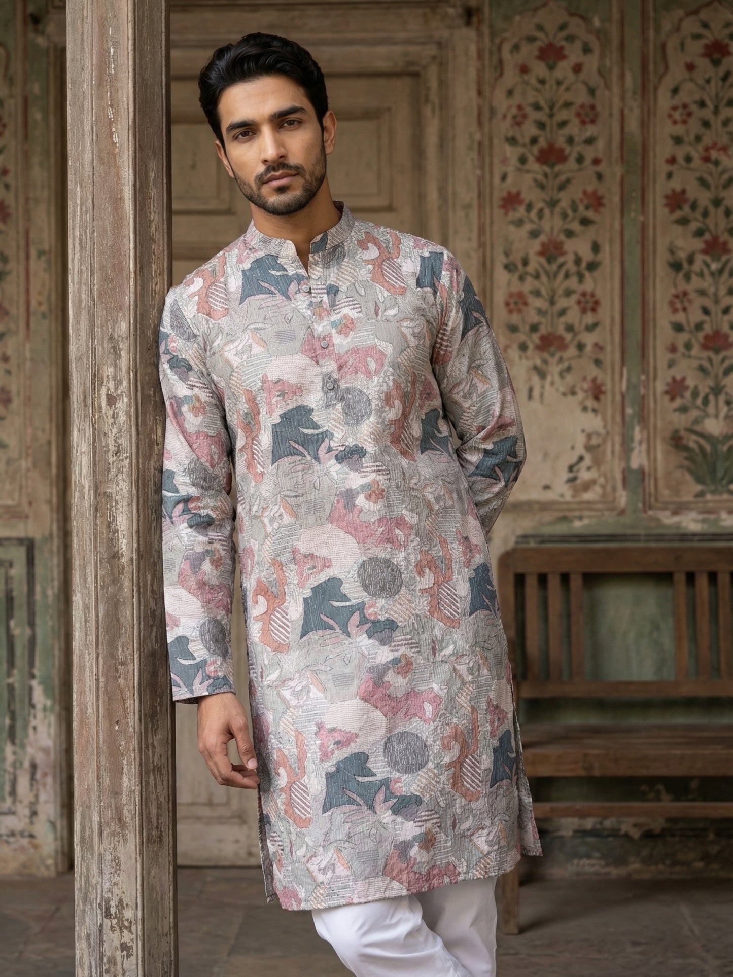 Thread Work & Printed Cotton Blend Kurta Pyjama Set ( ANMKP W 297Multi )