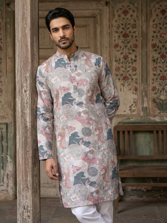 Thread Work & Printed Cotton Blend Kurta Pyjama Set ( ANMKP W 297Multi )
