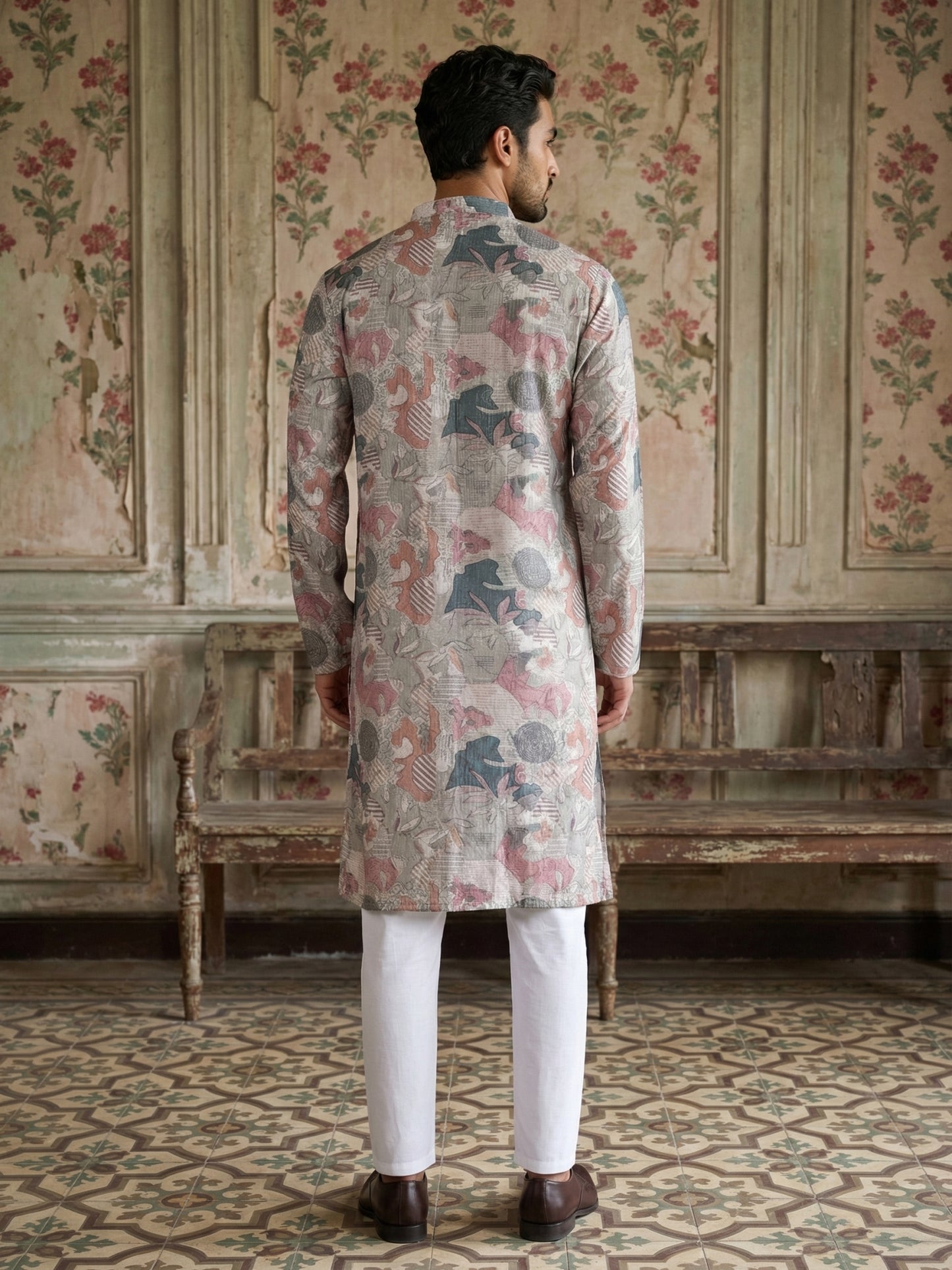 Thread Work & Printed Cotton Blend Kurta Pyjama Set ( ANMKP W 297Multi )