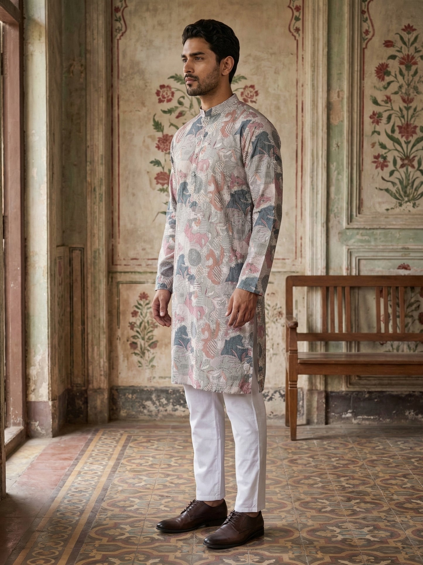 Thread Work & Printed Cotton Blend Kurta Pyjama Set ( ANMKP W 297Multi )