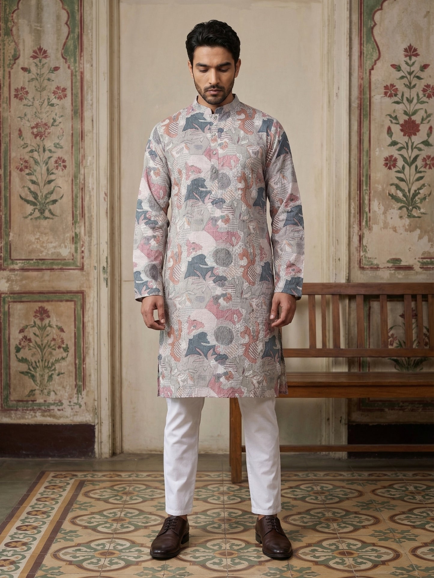 Thread Work & Printed Cotton Blend Kurta Pyjama Set ( ANMKP W 297Multi )