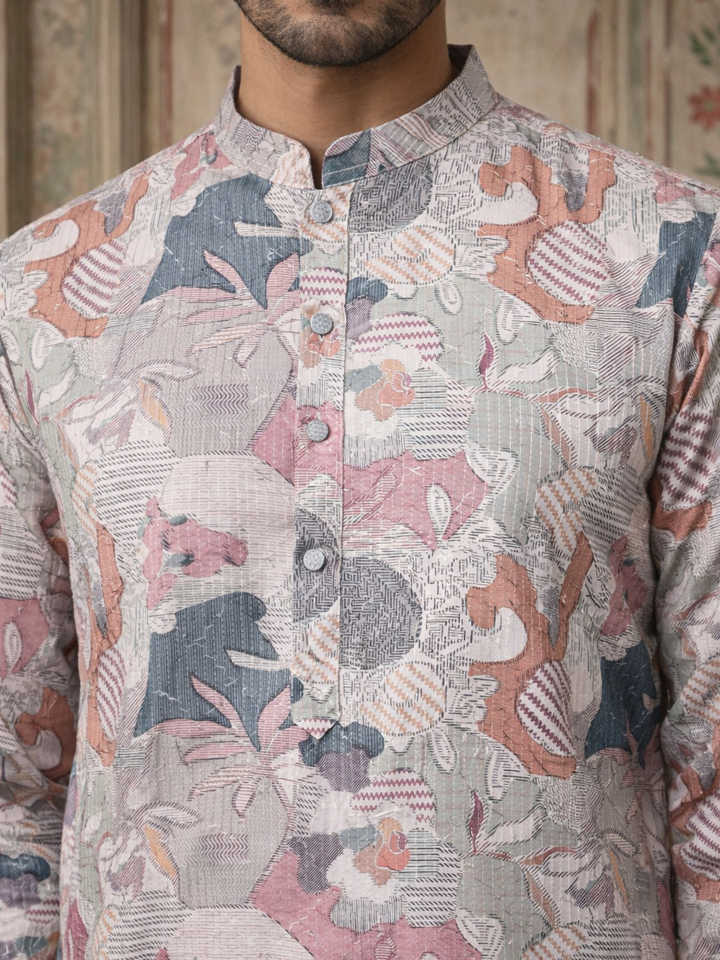 Thread Work & Printed Cotton Blend Kurta Pyjama Set ( ANMKP W 297Multi )
