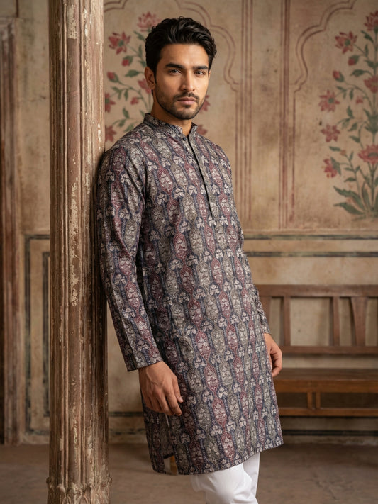 Thread Work & Printed Cotton Blend Kurta Pyjama Set ( ANMKP W 297Navy )