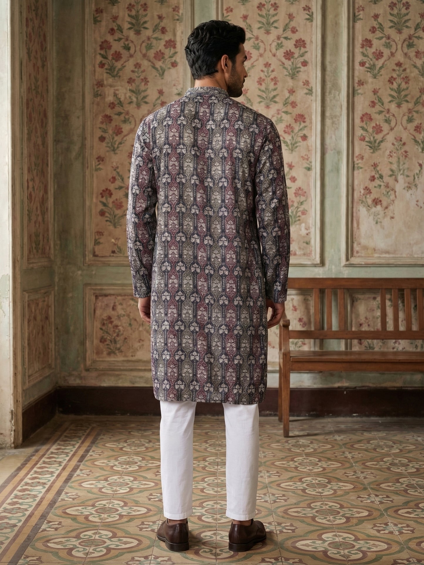 Thread Work & Printed Cotton Blend Kurta Pyjama Set ( ANMKP W 297Navy )