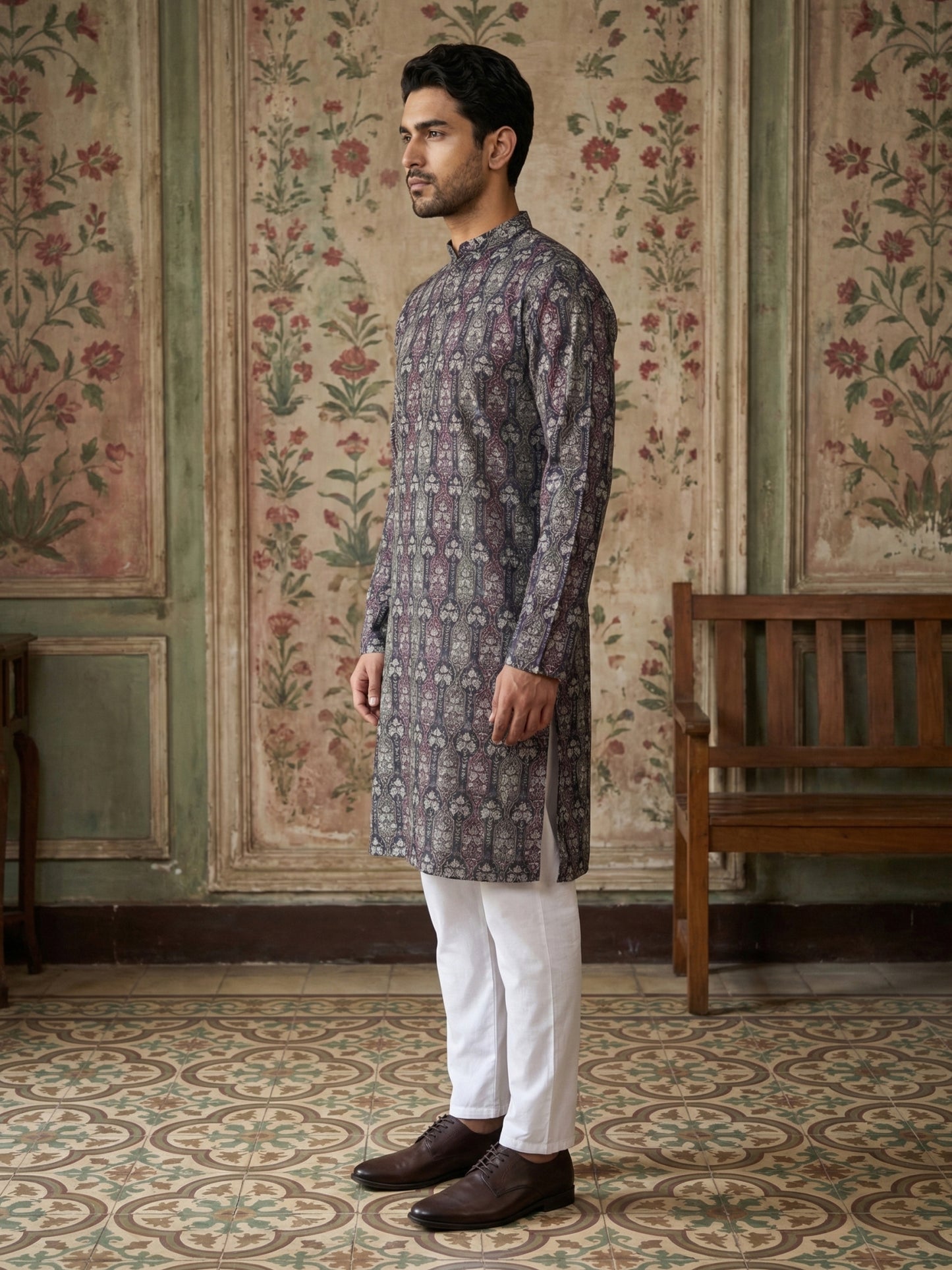Thread Work & Printed Cotton Blend Kurta Pyjama Set ( ANMKP W 297Navy )