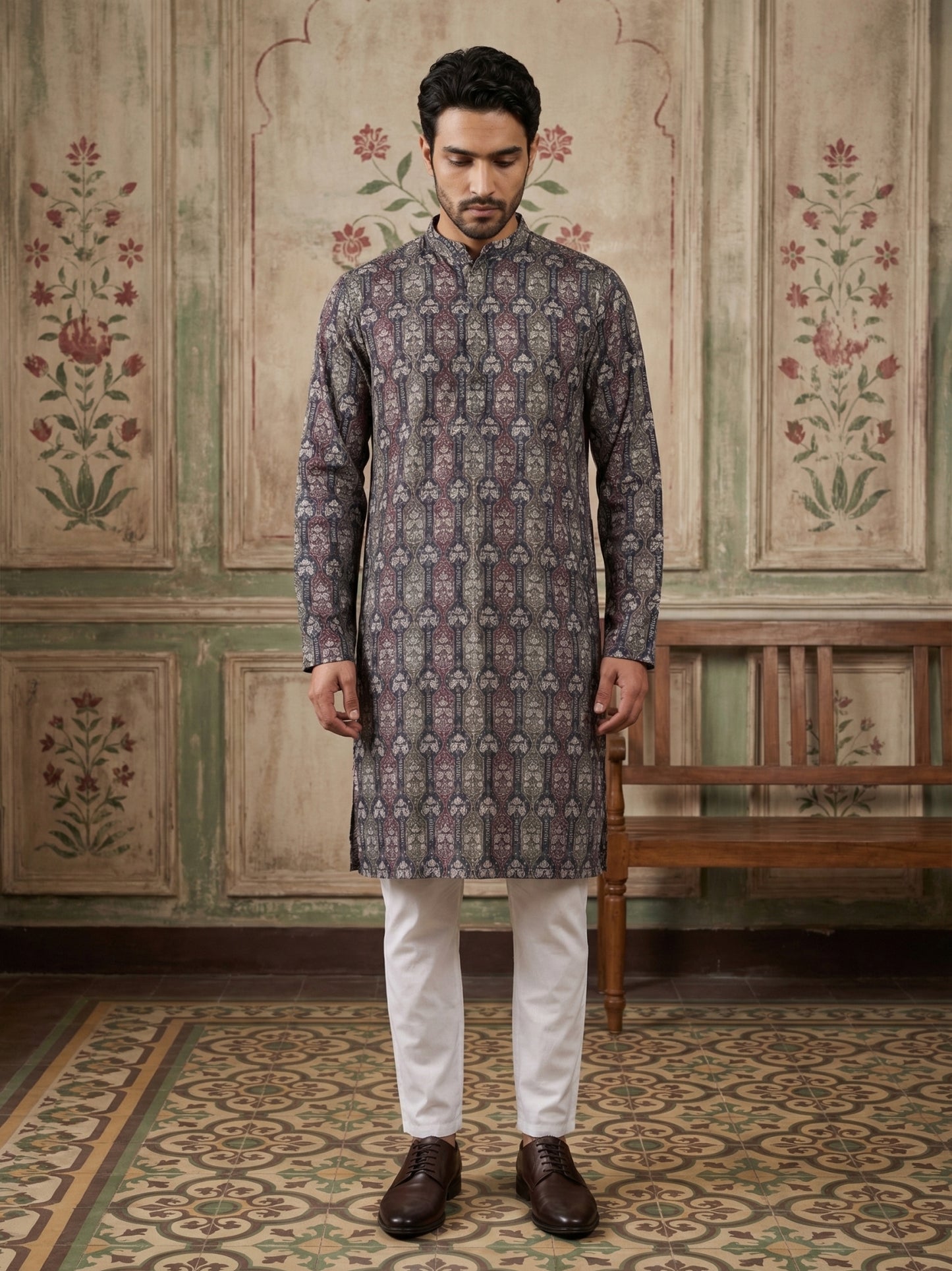 Thread Work & Printed Cotton Blend Kurta Pyjama Set ( ANMKP W 297Navy )