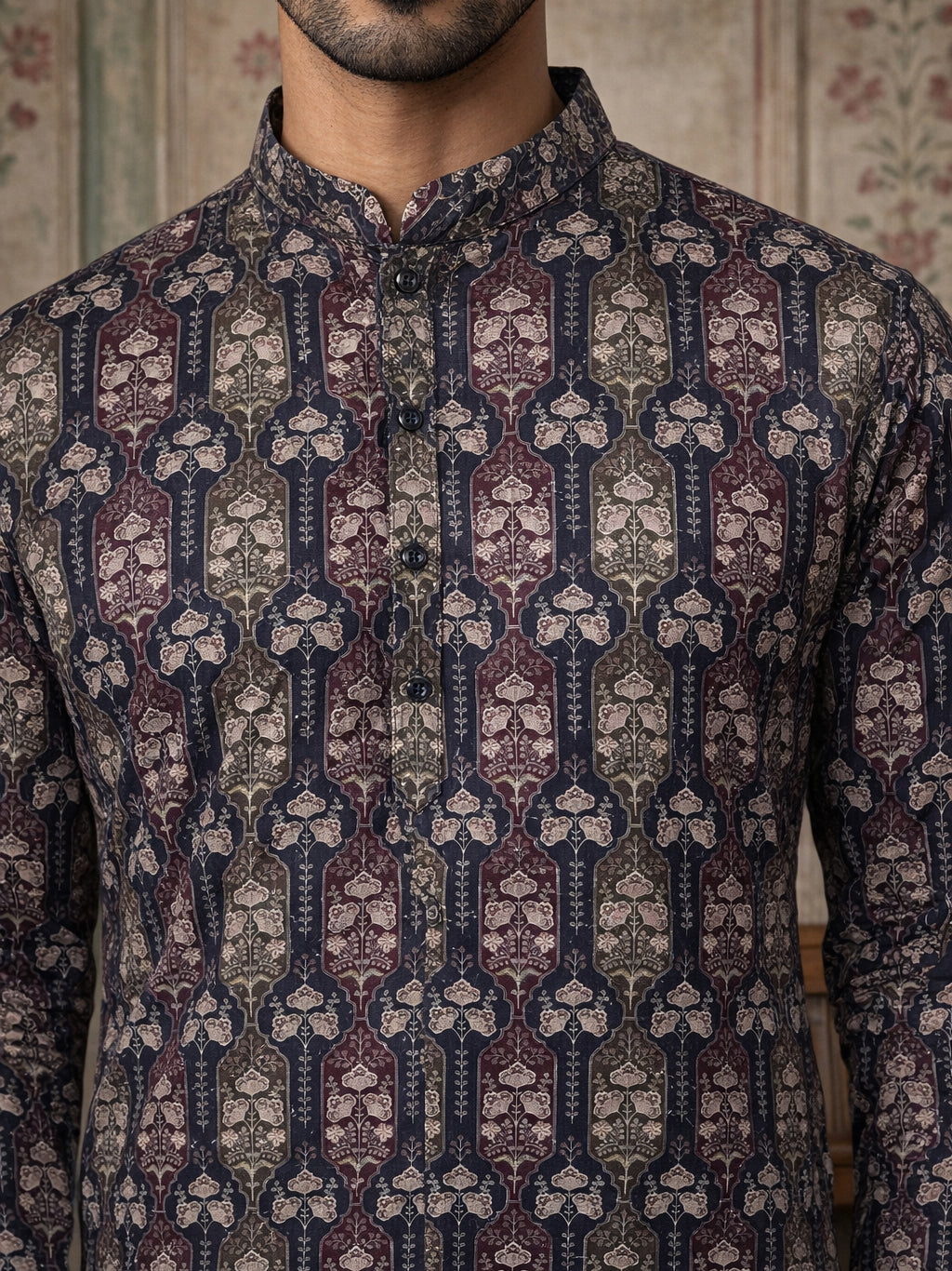 Thread Work & Printed Cotton Blend Kurta Pyjama Set ( ANMKP W 297Navy )