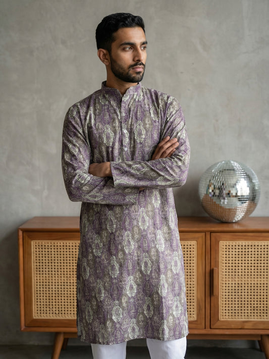 Thread Work & Printed Cotton Blend Kurta Pyjama Set ( ANMKP W 297Purple )