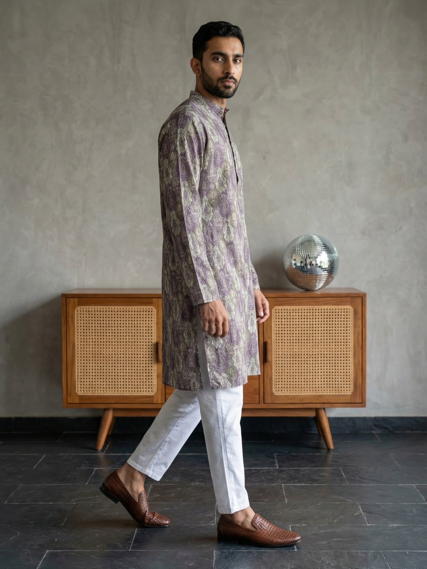 Thread Work & Printed Cotton Blend Kurta Pyjama Set ( ANMKP W 297Purple )