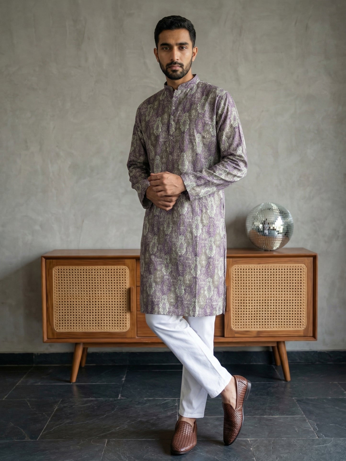 Thread Work & Printed Cotton Blend Kurta Pyjama Set ( ANMKP W 297Purple )