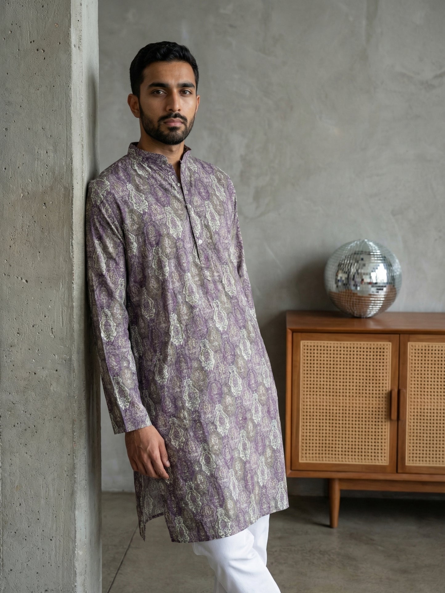 Thread Work & Printed Cotton Blend Kurta Pyjama Set ( ANMKP W 297Purple )