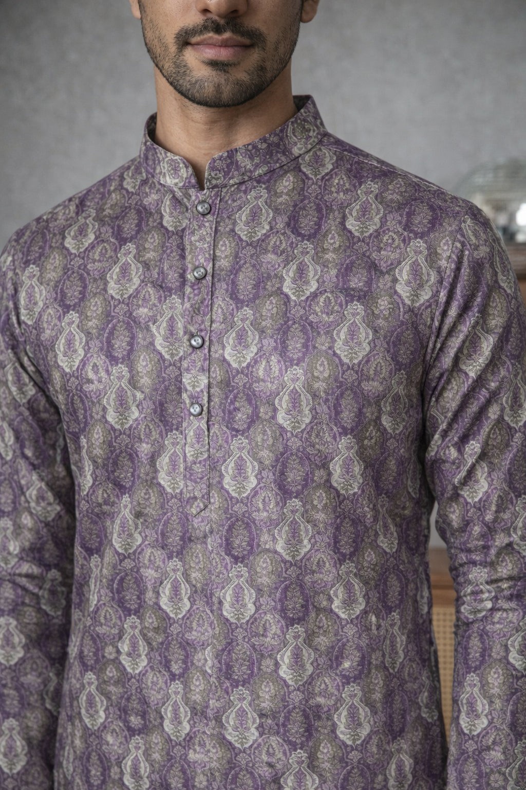 Thread Work & Printed Cotton Blend Kurta Pyjama Set ( ANMKP W 297Purple )