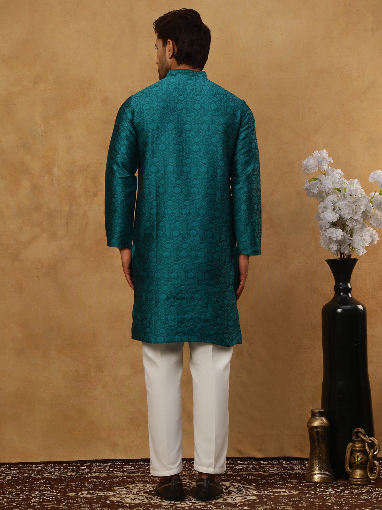 Men Silk Blend Ethnic Kurta Pyjama Set ( ANMKP W 303Green )
