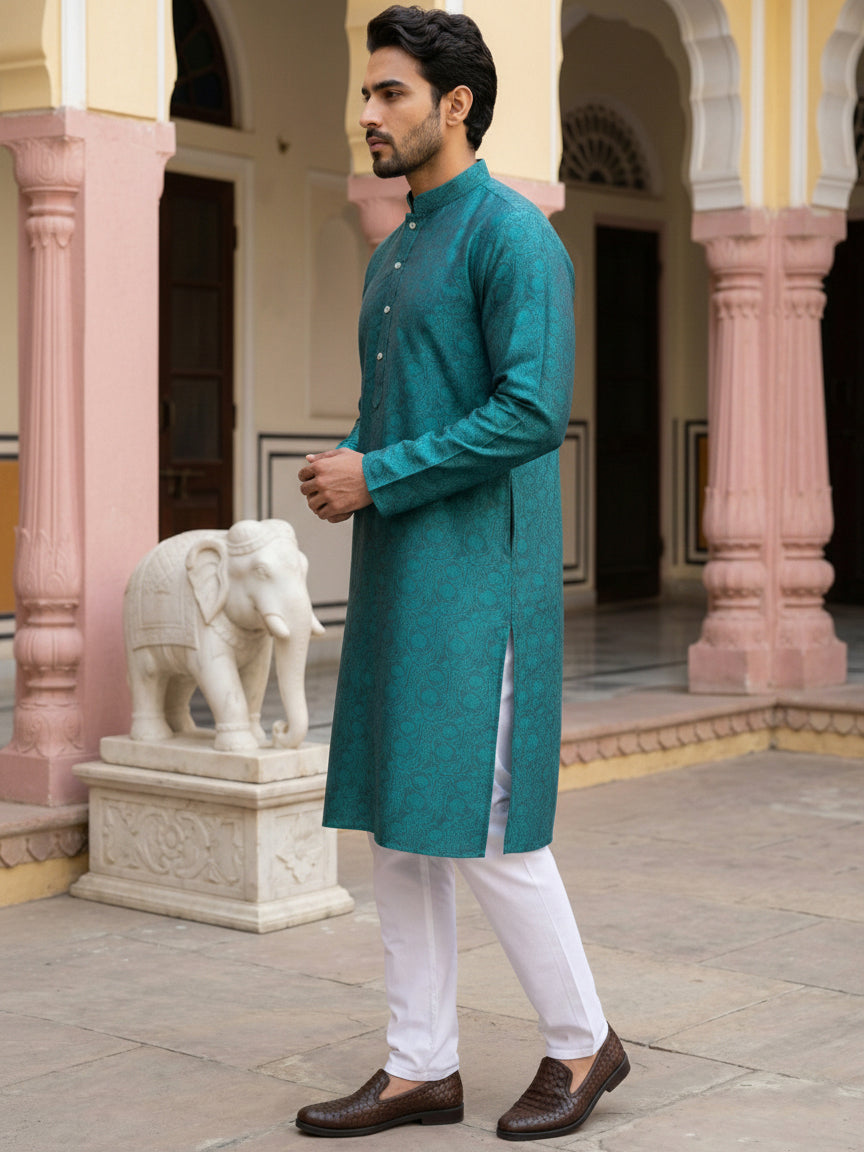 Men Silk Blend Ethnic Kurta Pyjama Set ( ANMKP 303Green )