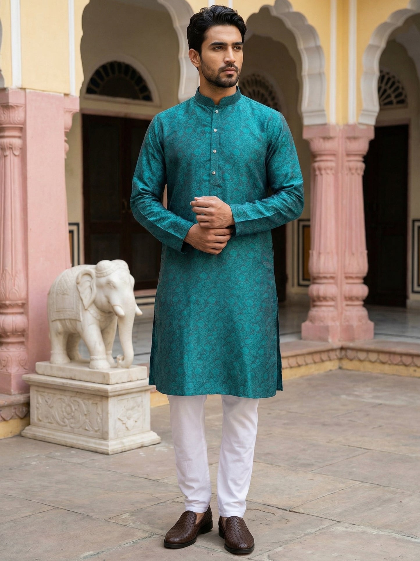Men Silk Blend Ethnic Kurta Pyjama Set ( ANMKP 303Green )