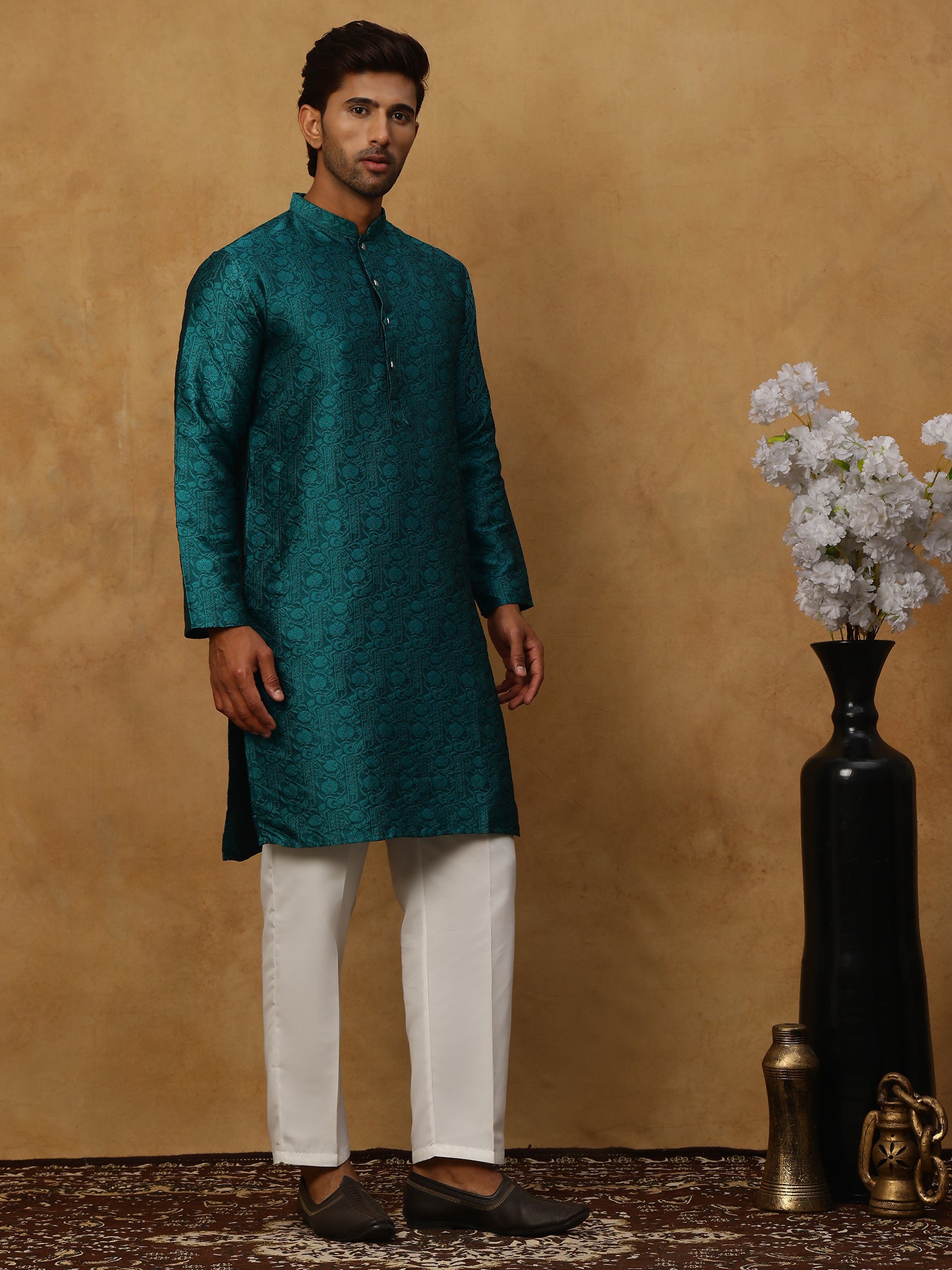 Men Silk Blend Ethnic Kurta Pyjama Set ( ANMKP W 303Green )