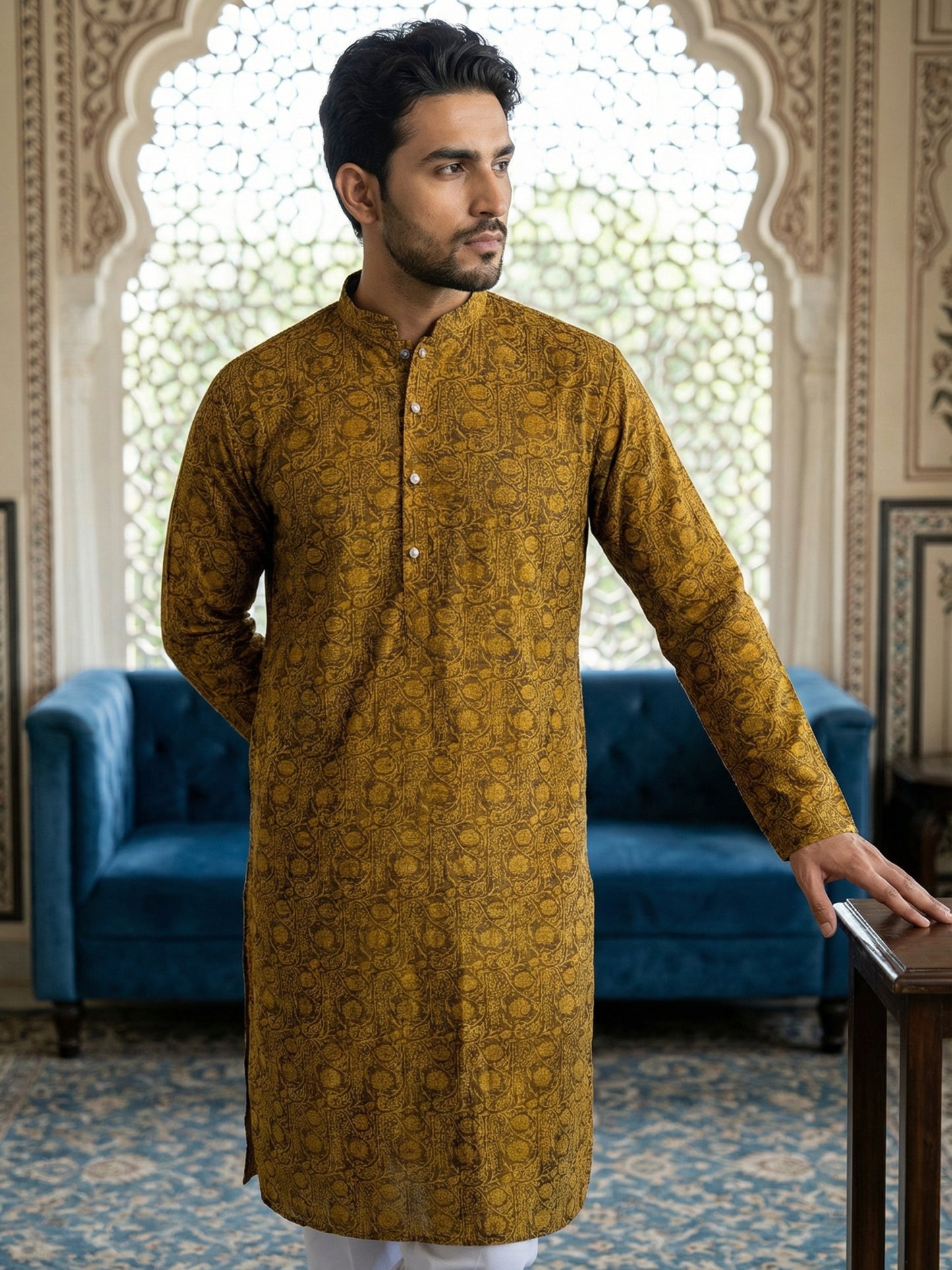 Men Silk Blend Ethnic Kurta ( ANMKO 303Mustard )