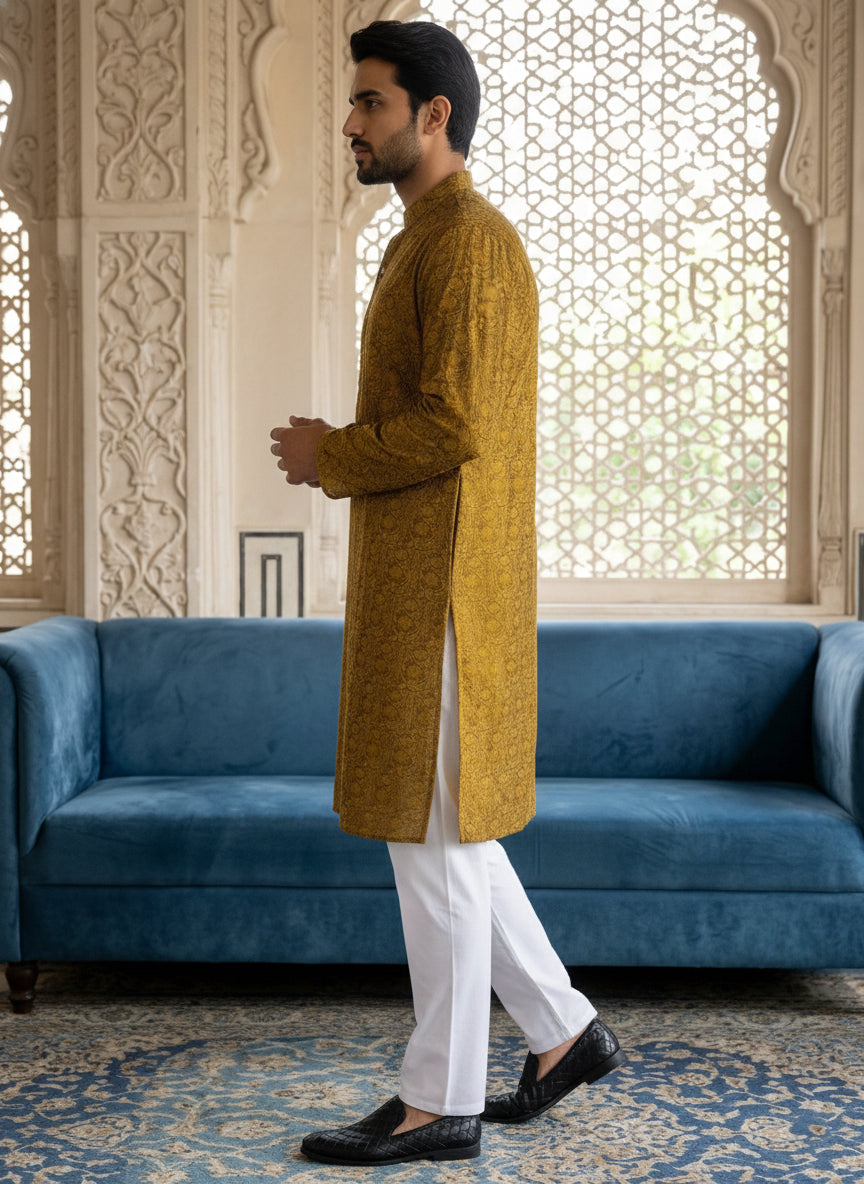 Men Silk Blend Ethnic Kurta ( ANMKO 303Mustard )