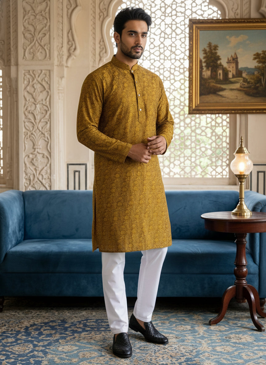 Men Silk Blend Ethnic Kurta ( ANMKO 303Mustard )