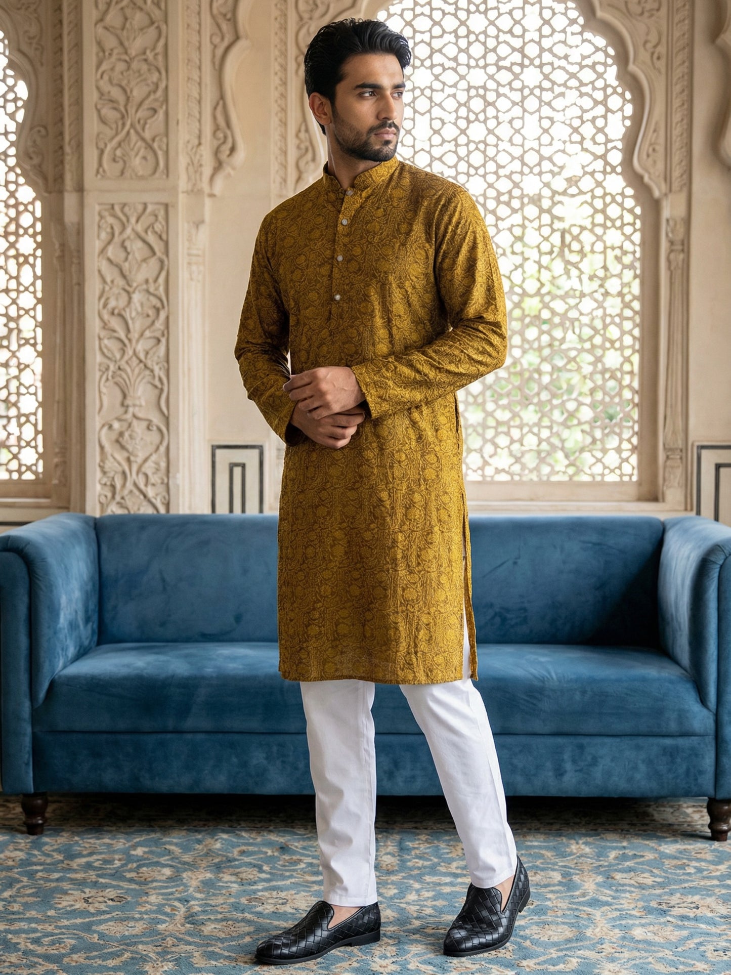 Men Silk Blend Ethnic Kurta ( ANMKO 303Mustard )