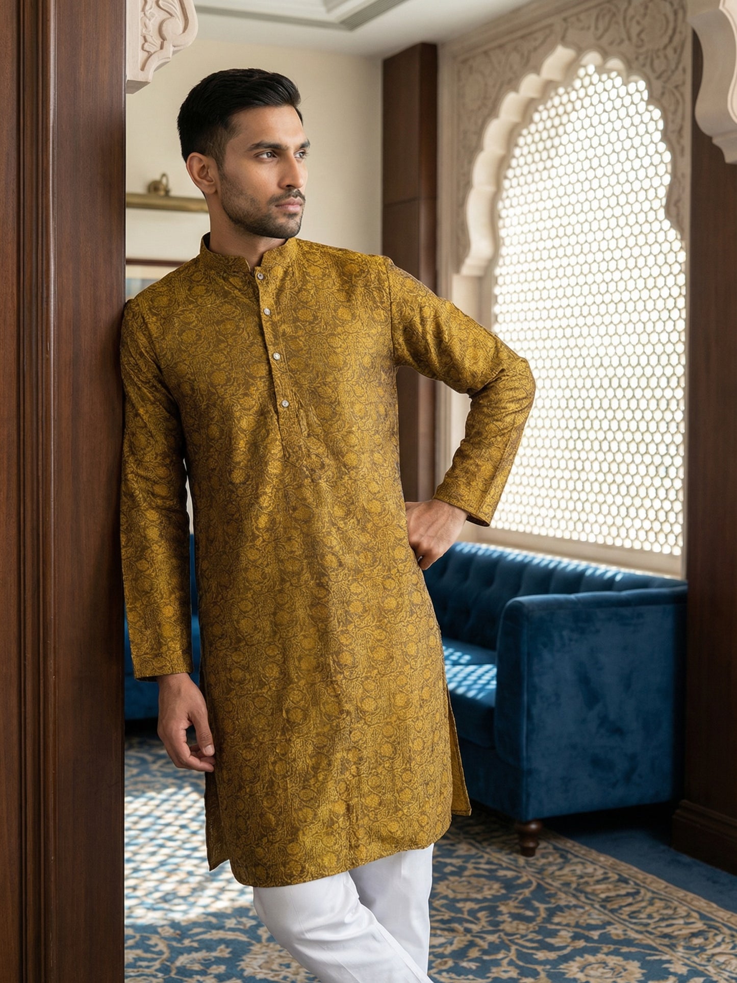 Men Silk Blend Ethnic Kurta Pyjama Set ( ANMKP W 303Yellow )