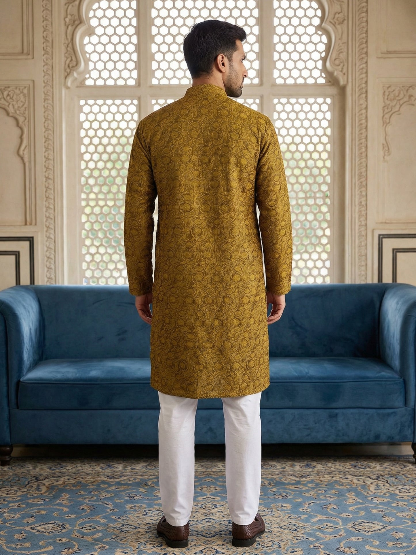 Men Silk Blend Ethnic Kurta Pyjama Set ( ANMKP W 303Yellow )