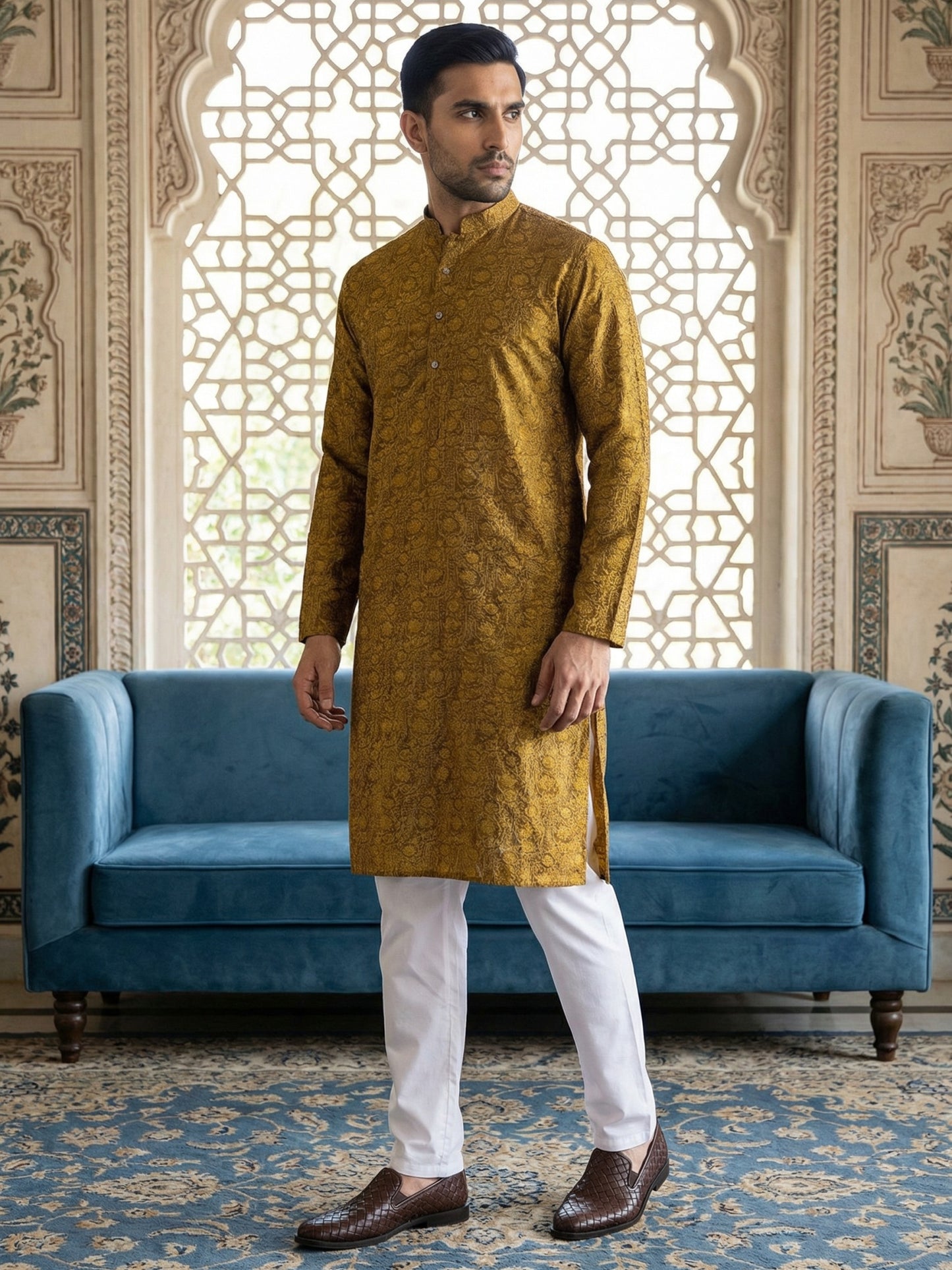 Men Silk Blend Ethnic Kurta Pyjama Set ( ANMKP W 303Yellow )