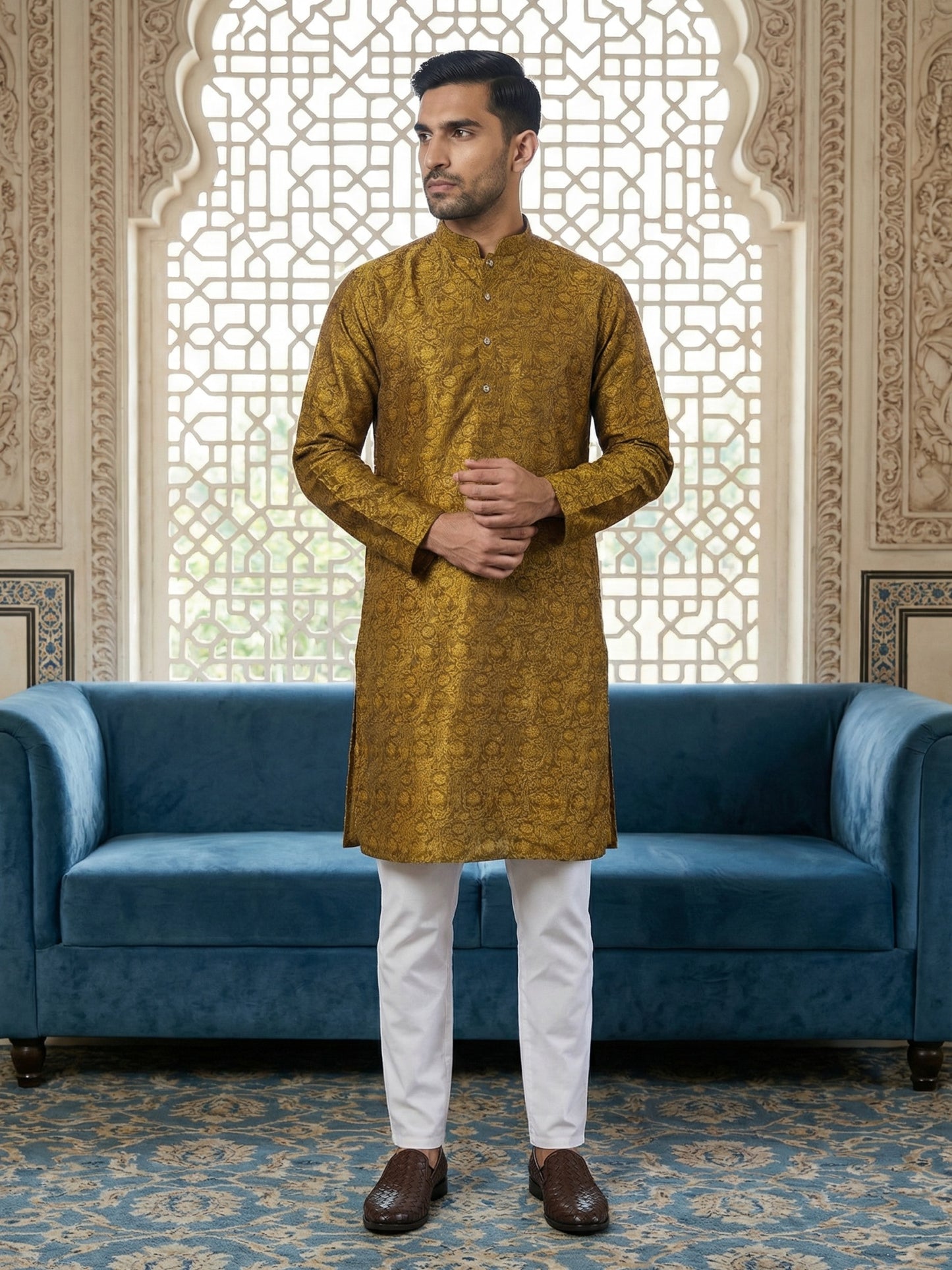 Men Silk Blend Ethnic Kurta Pyjama Set ( ANMKP W 303Yellow )