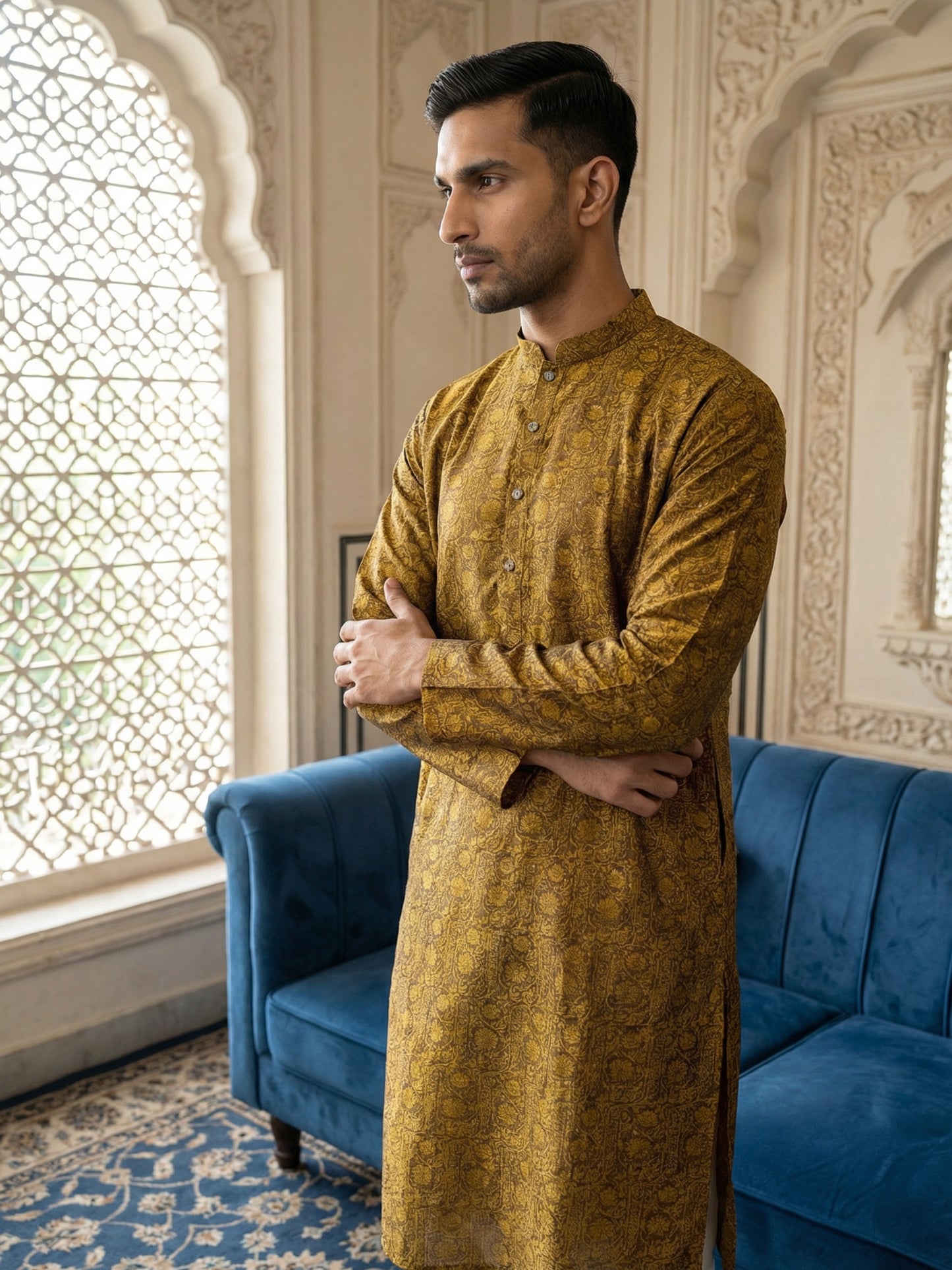 Men Silk Blend Ethnic Kurta Pyjama Set ( ANMKP W 303Yellow )