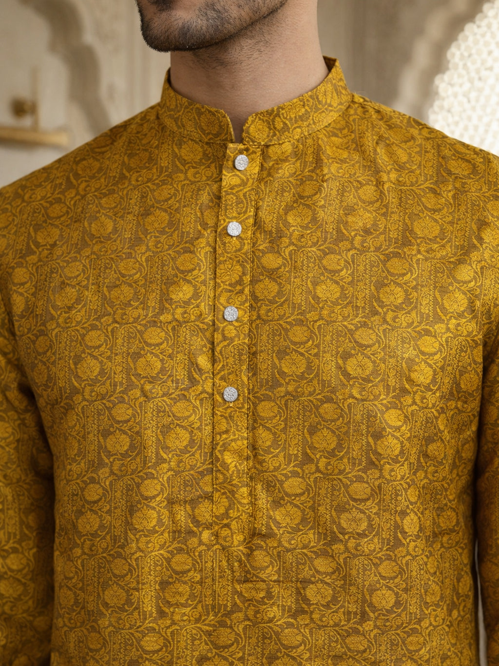 Men Silk Blend Ethnic Kurta Pyjama Set ( ANMKP W 303Yellow )