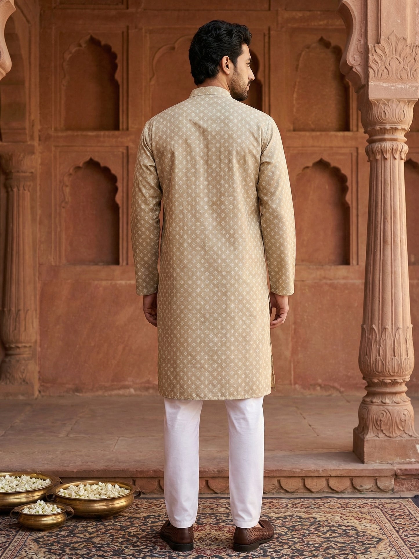 Men’s Ethnic Printed Kurta Set ( ANMKP W 322Beige )