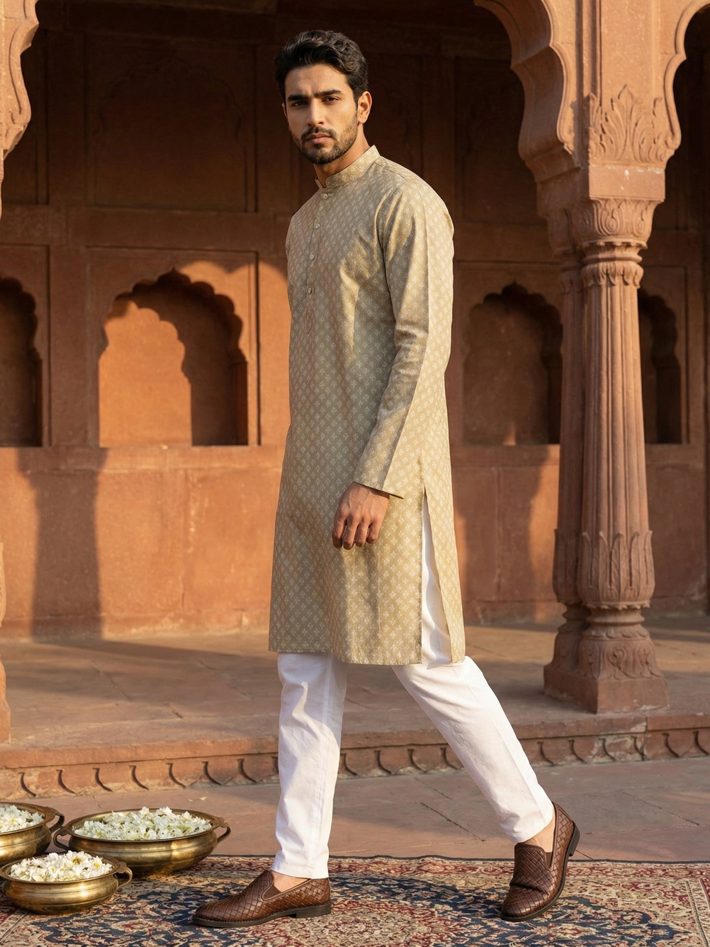 Men’s Ethnic Printed Kurta Set ( ANMKP W 322Beige )