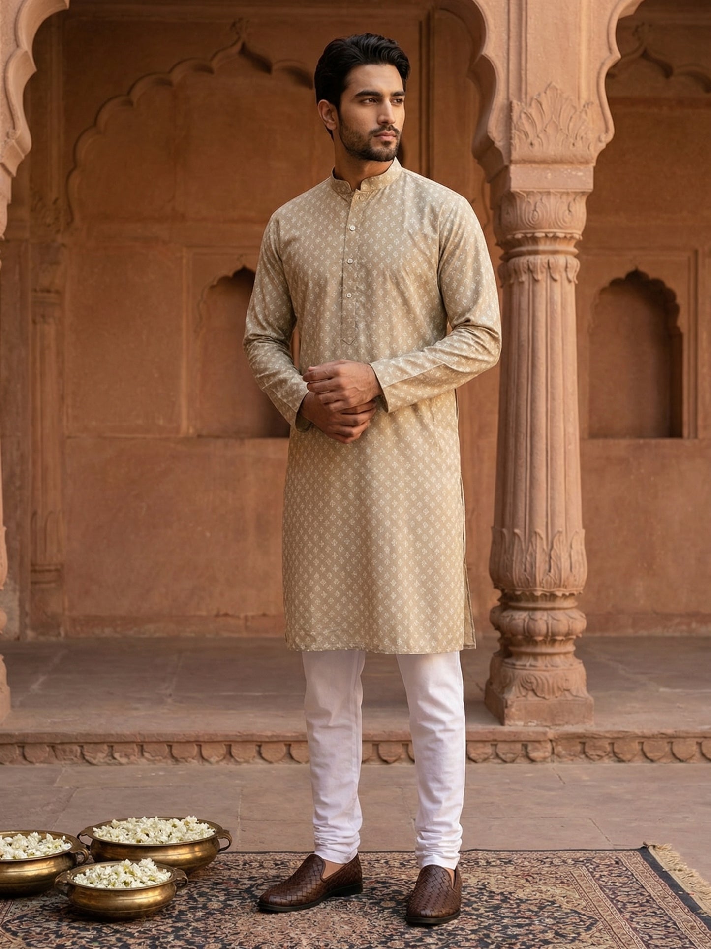 Men’s Ethnic Printed Kurta Set ( ANMKP W 322Beige )