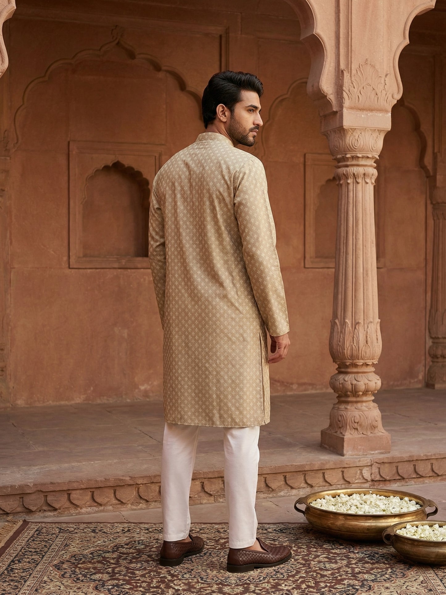 Men’s Ethnic Printed Kurta Set ( ANMKP W 322Beige )