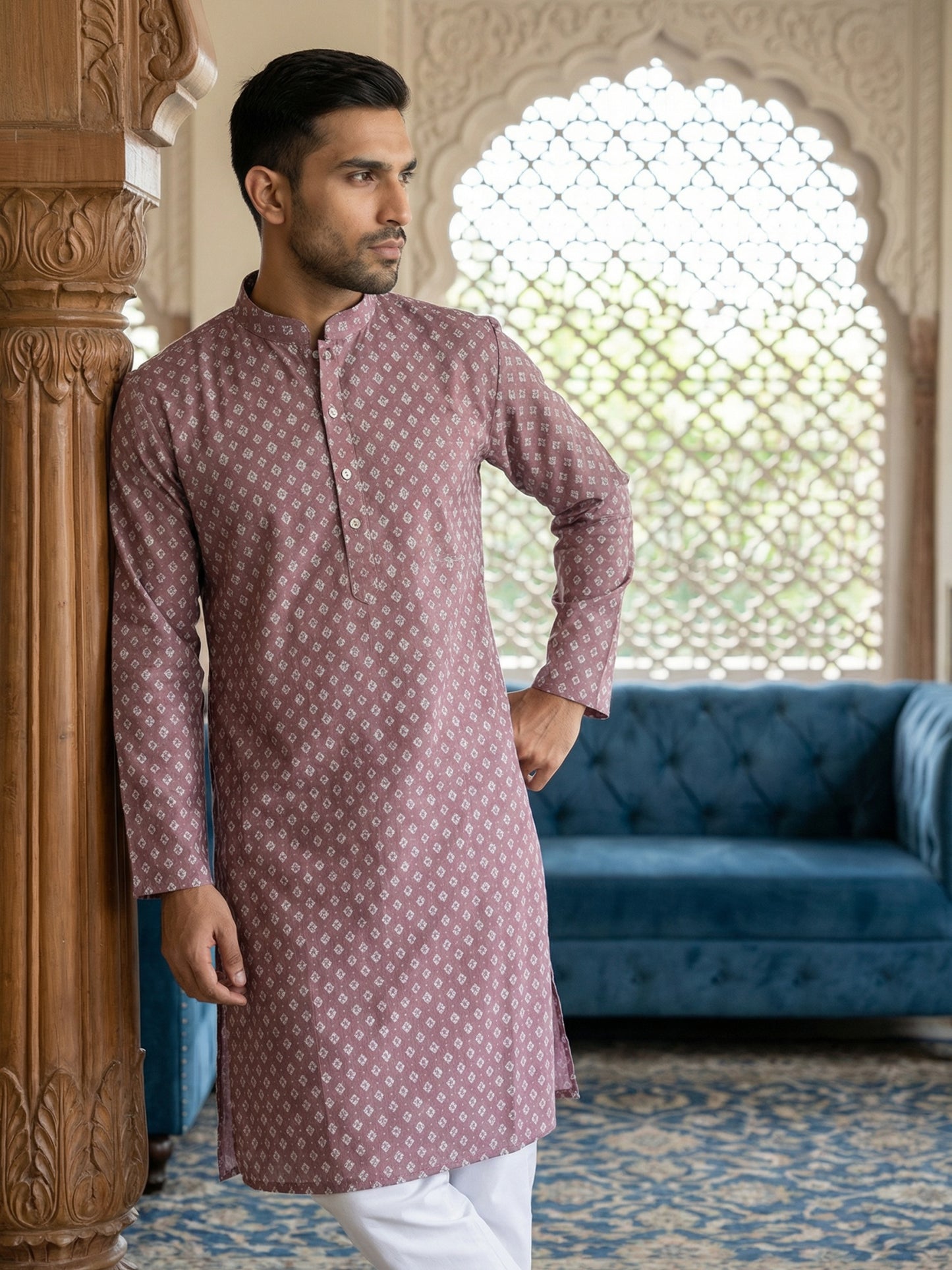 Men’s Ethnic Printed Kurta Set ( ANMKP W 322Magenta )
