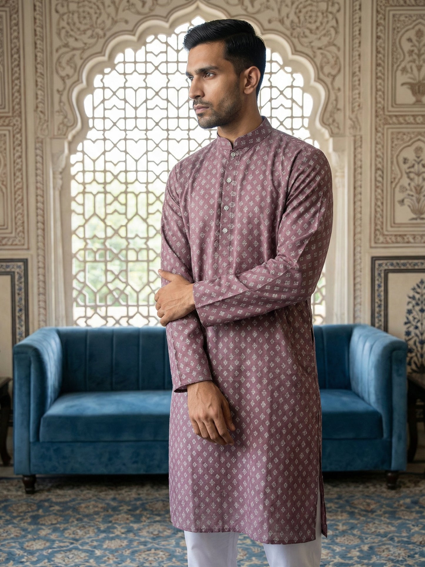 Men’s Ethnic Printed Kurta Set ( ANMKP W 322Magenta )