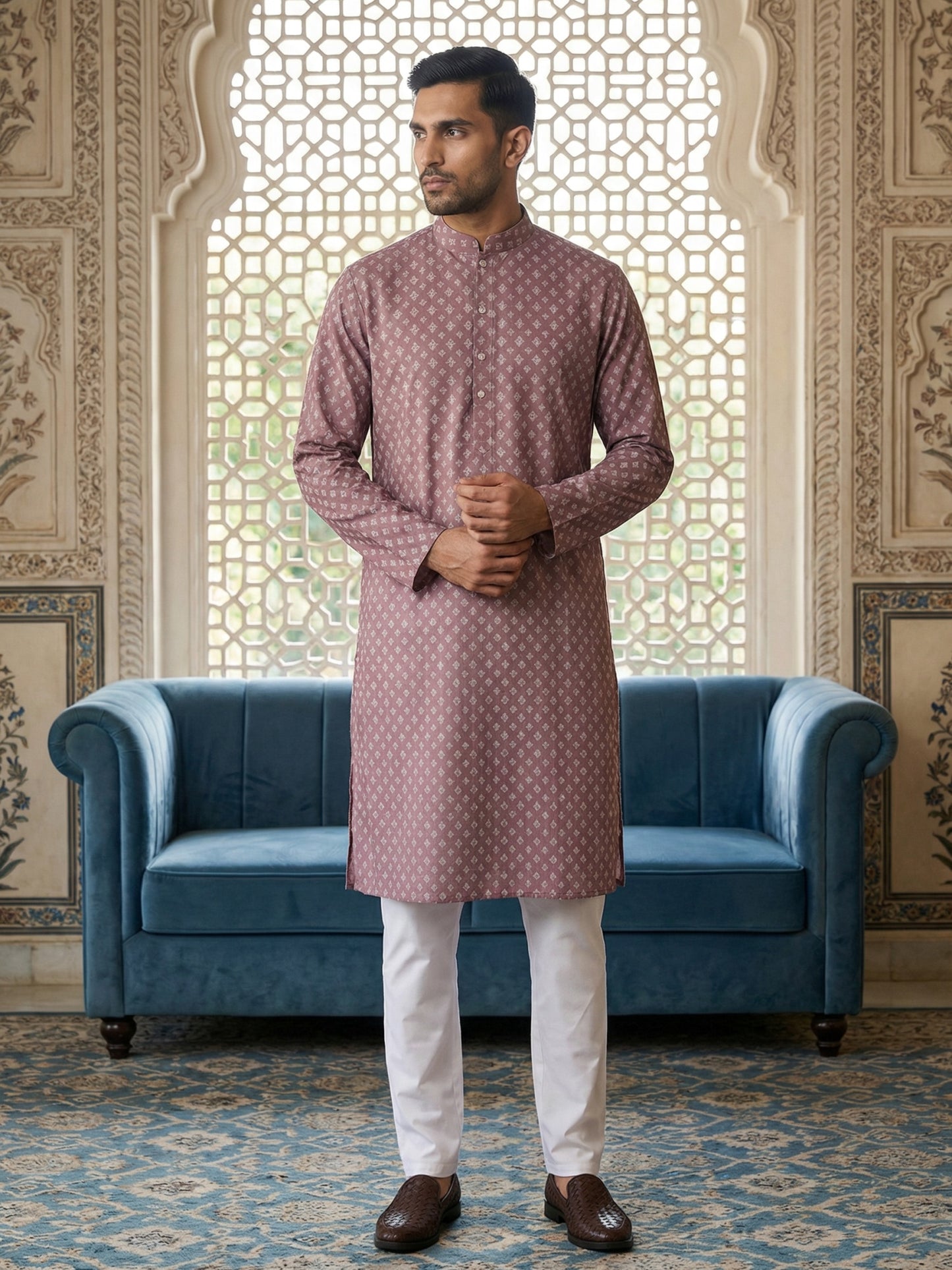 Men’s Ethnic Printed Kurta Set ( ANMKP W 322Magenta )