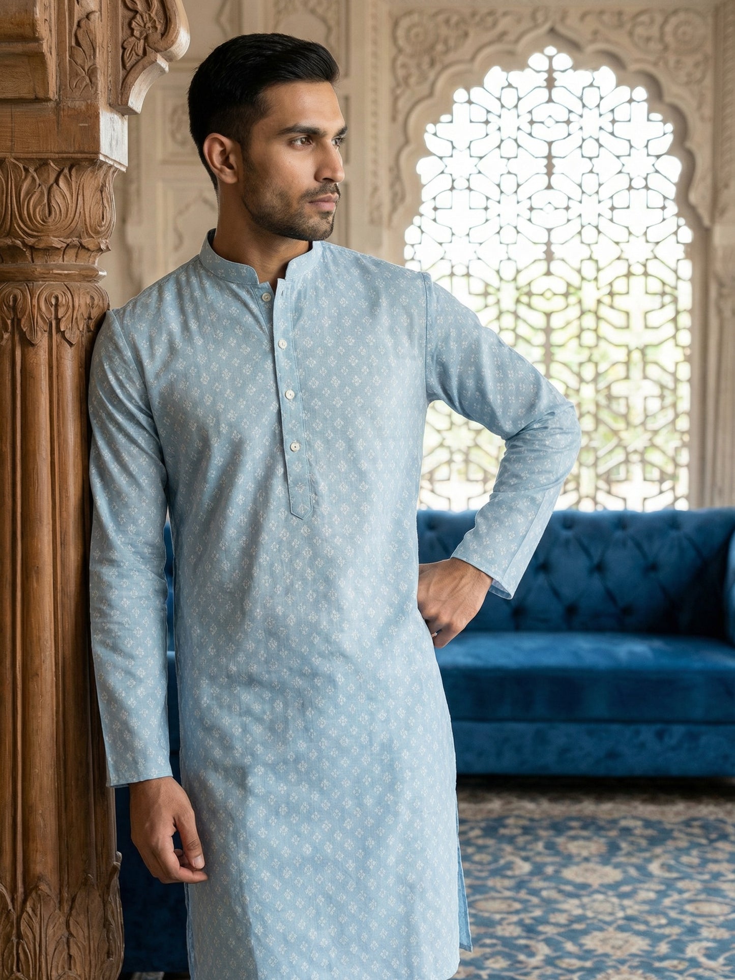 Men’s Ethnic Printed Kurta Set ( ANMKP W 322Sky )