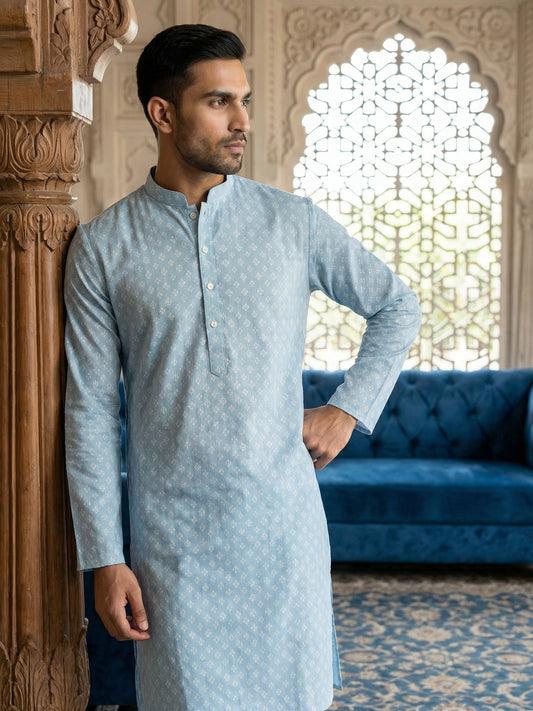 Men’s Ethnic Printed Kurta Set ( ANMKP W 322Sky )