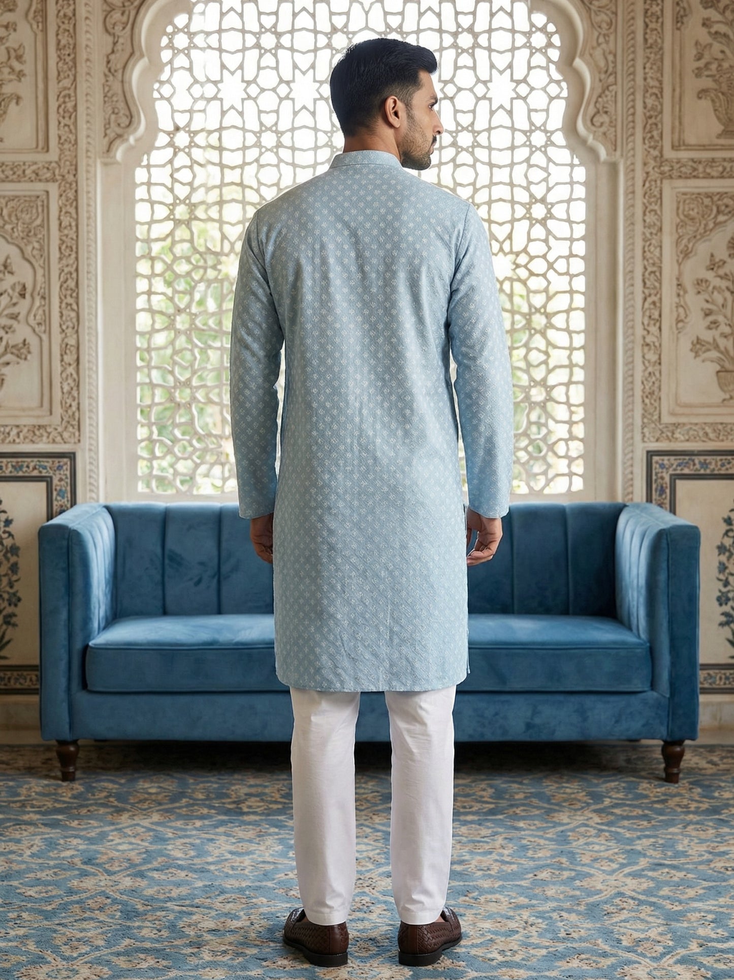 Men’s Ethnic Printed Kurta Set ( ANMKP W 322Sky )