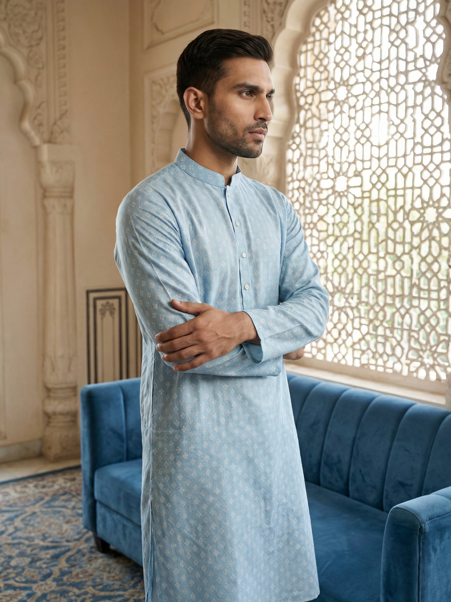 Men’s Ethnic Printed Kurta Set ( ANMKP W 322Sky )