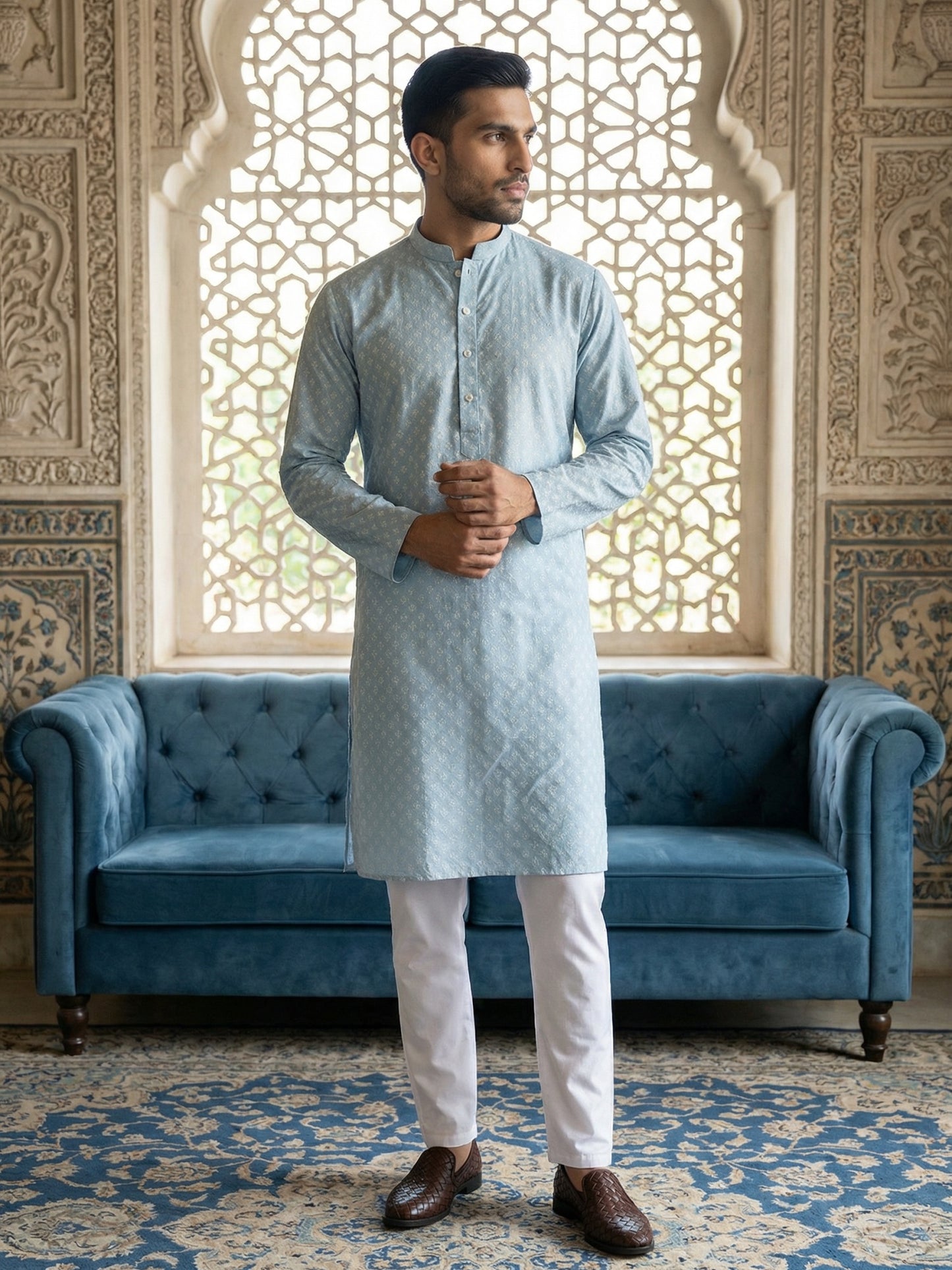 Men’s Ethnic Printed Kurta Set ( ANMKP W 322Sky )