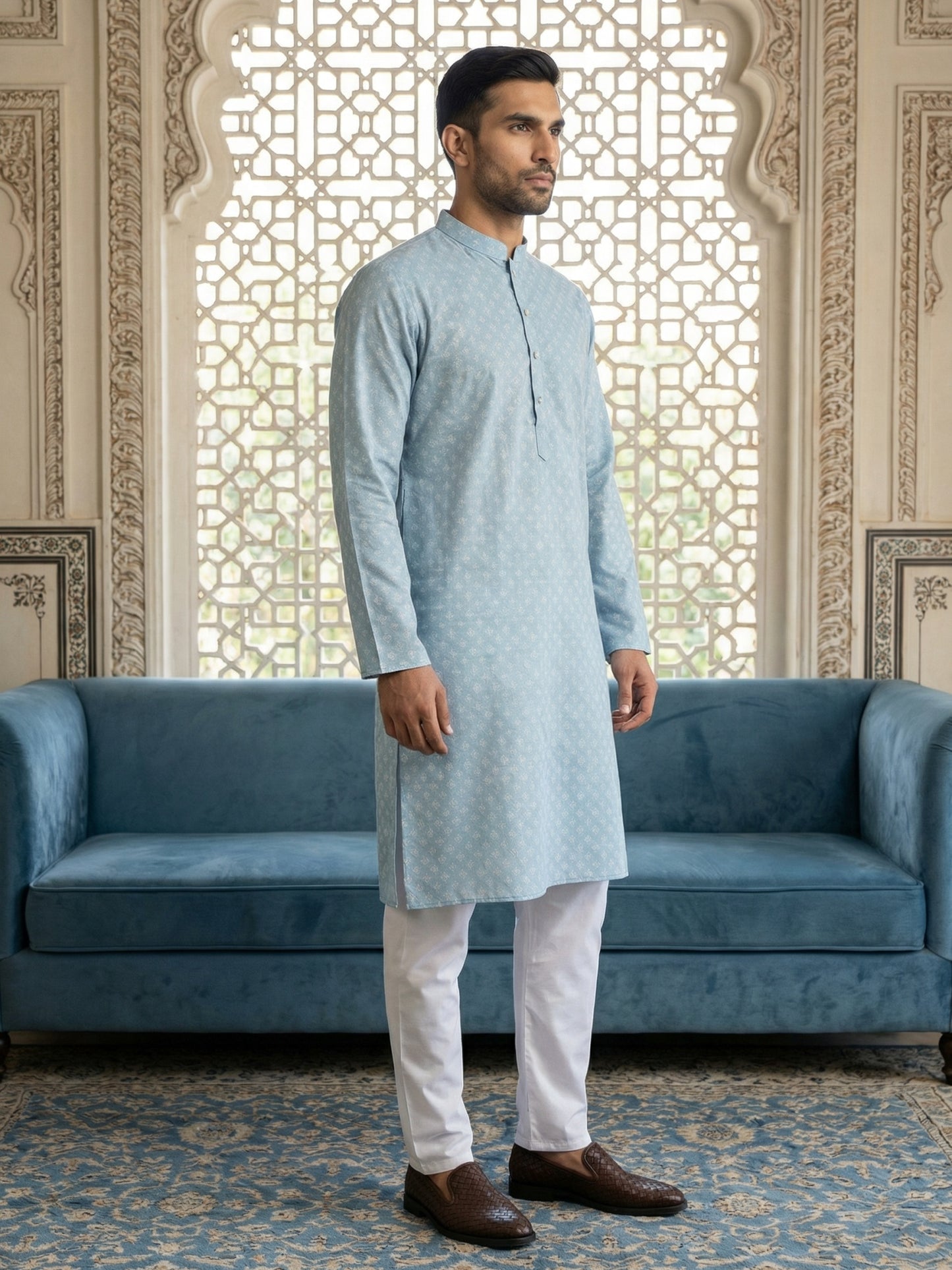 Men’s Ethnic Printed Kurta Set ( ANMKP W 322Sky )