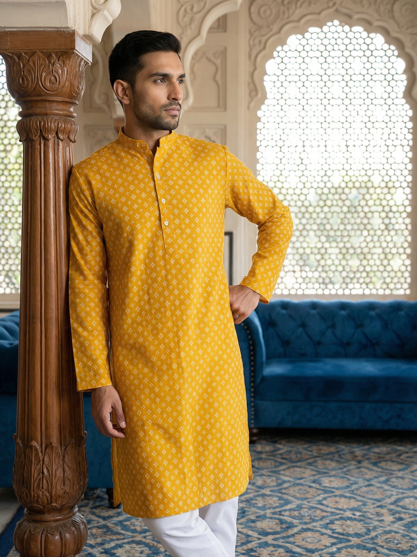 Men’s Ethnic Printed Kurta Set ( ANMKP W 322Yellow )