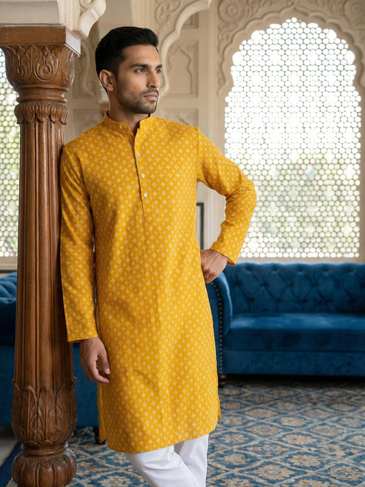 Men’s Ethnic Printed Kurta Set ( ANMKP W 322Yellow )