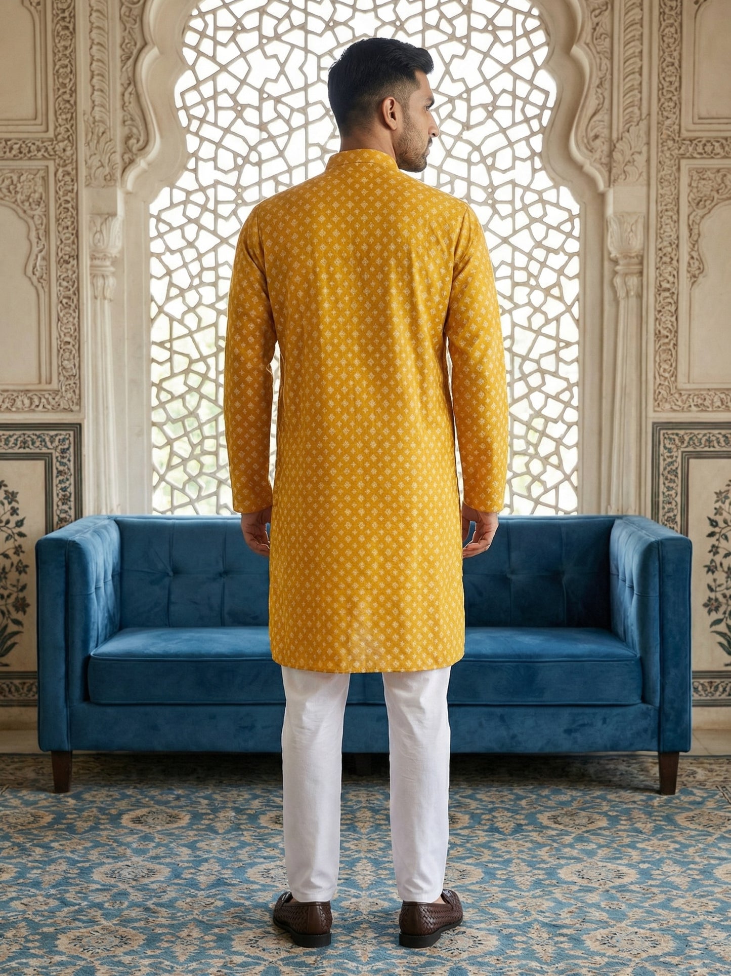 Men’s Ethnic Printed Kurta Set ( ANMKP W 322Yellow )