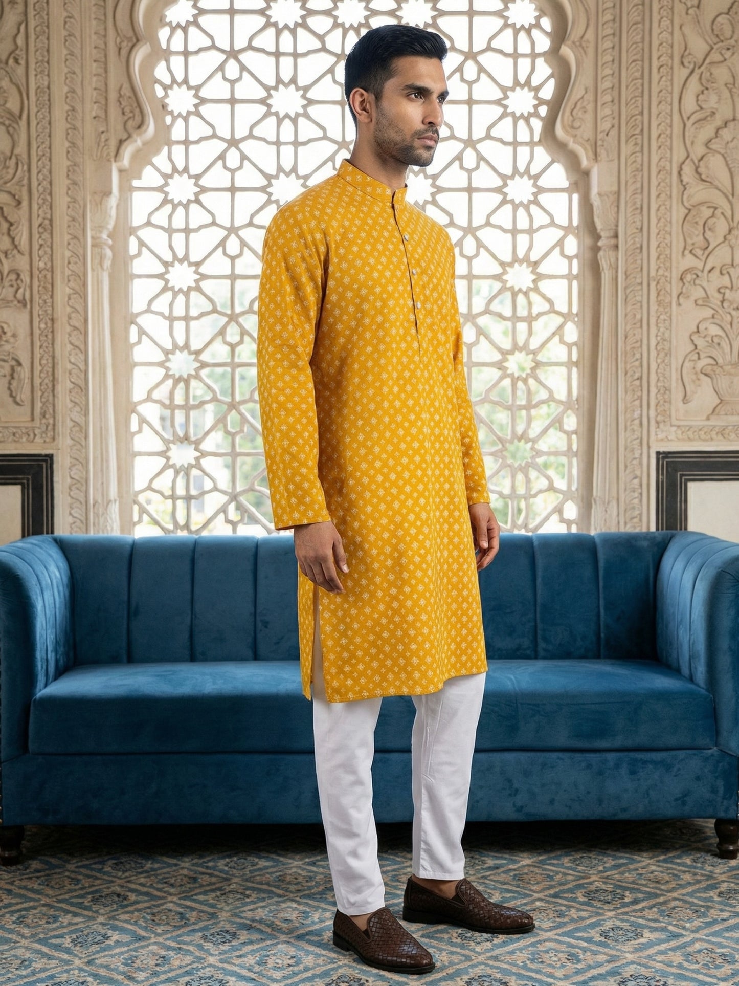 Men’s Ethnic Printed Kurta Set ( ANMKP W 322Yellow )