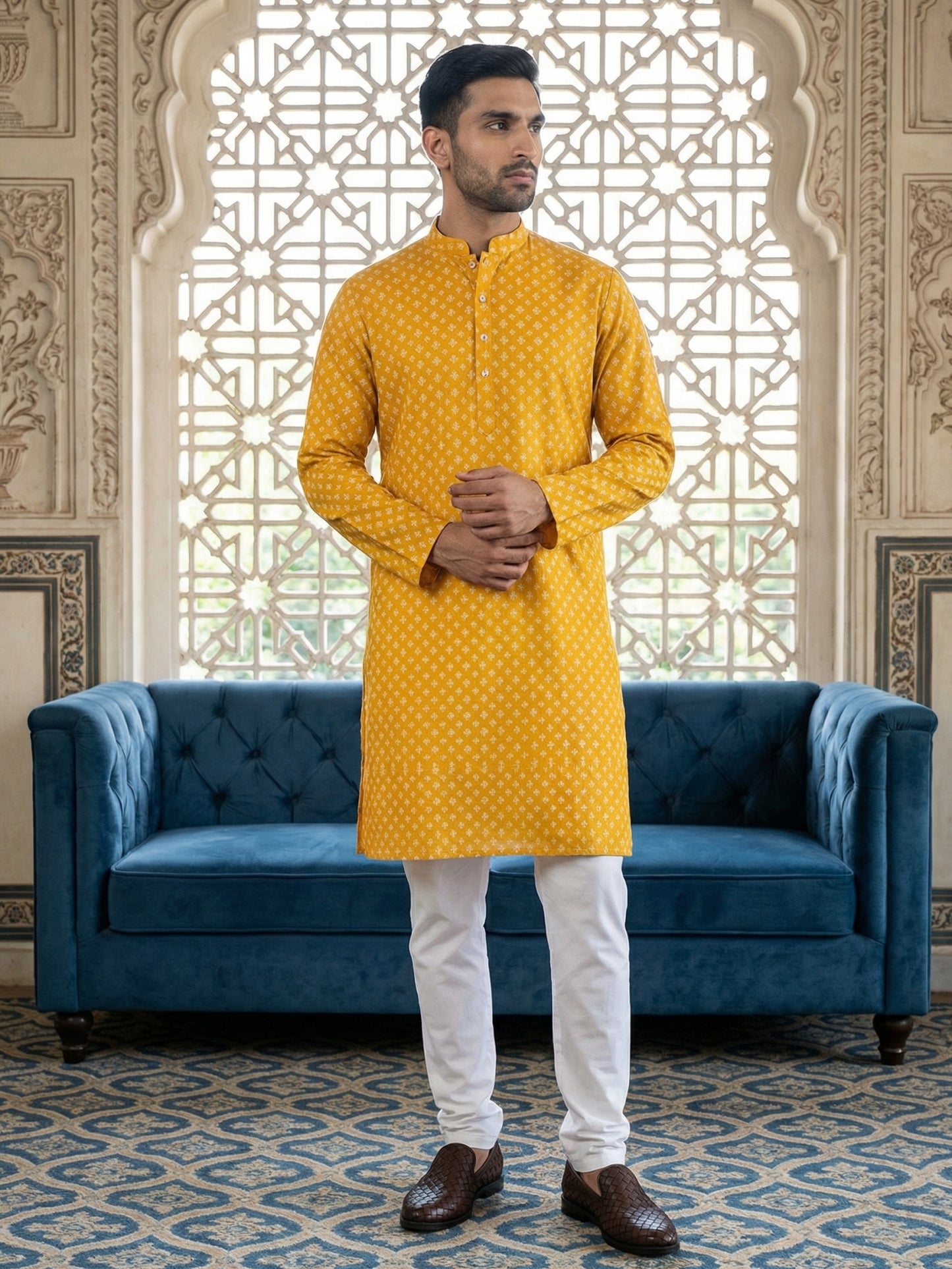 Men’s Ethnic Printed Kurta Set ( ANMKP W 322Yellow )