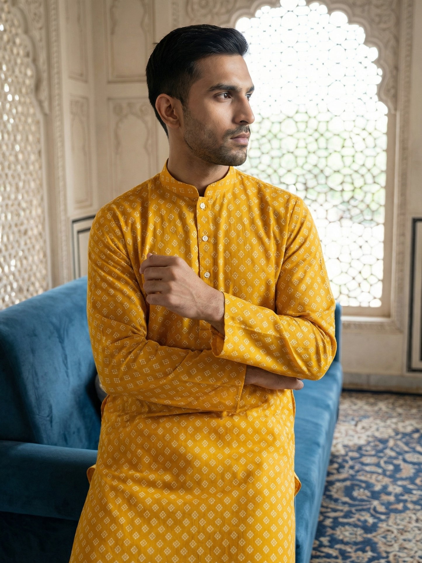 Men’s Ethnic Printed Kurta Set ( ANMKP W 322Yellow )