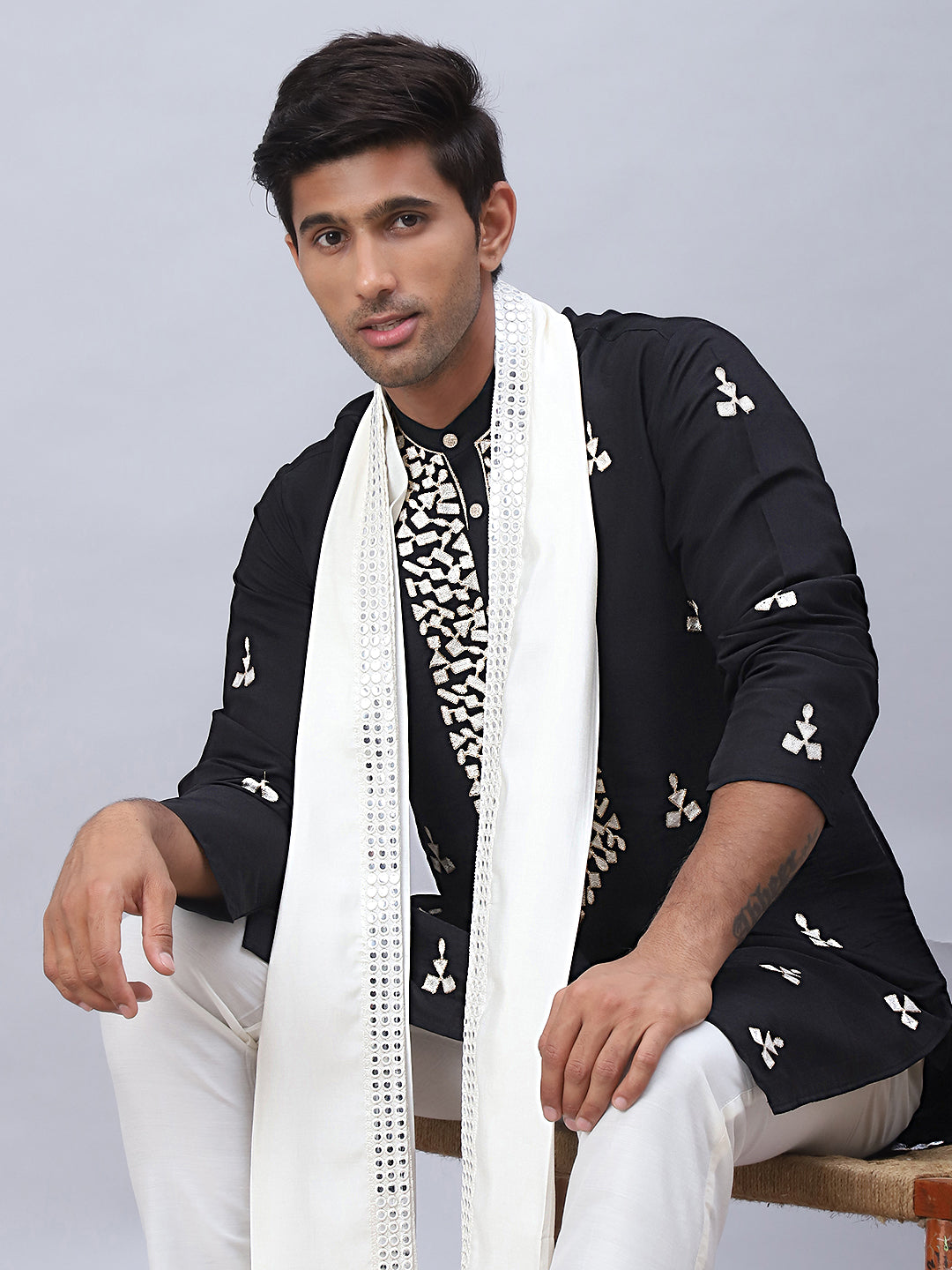 Men Collar Embroidered Straight Kurta Pyjama With Dupatta ( ANMKP DM-W1 168Black )